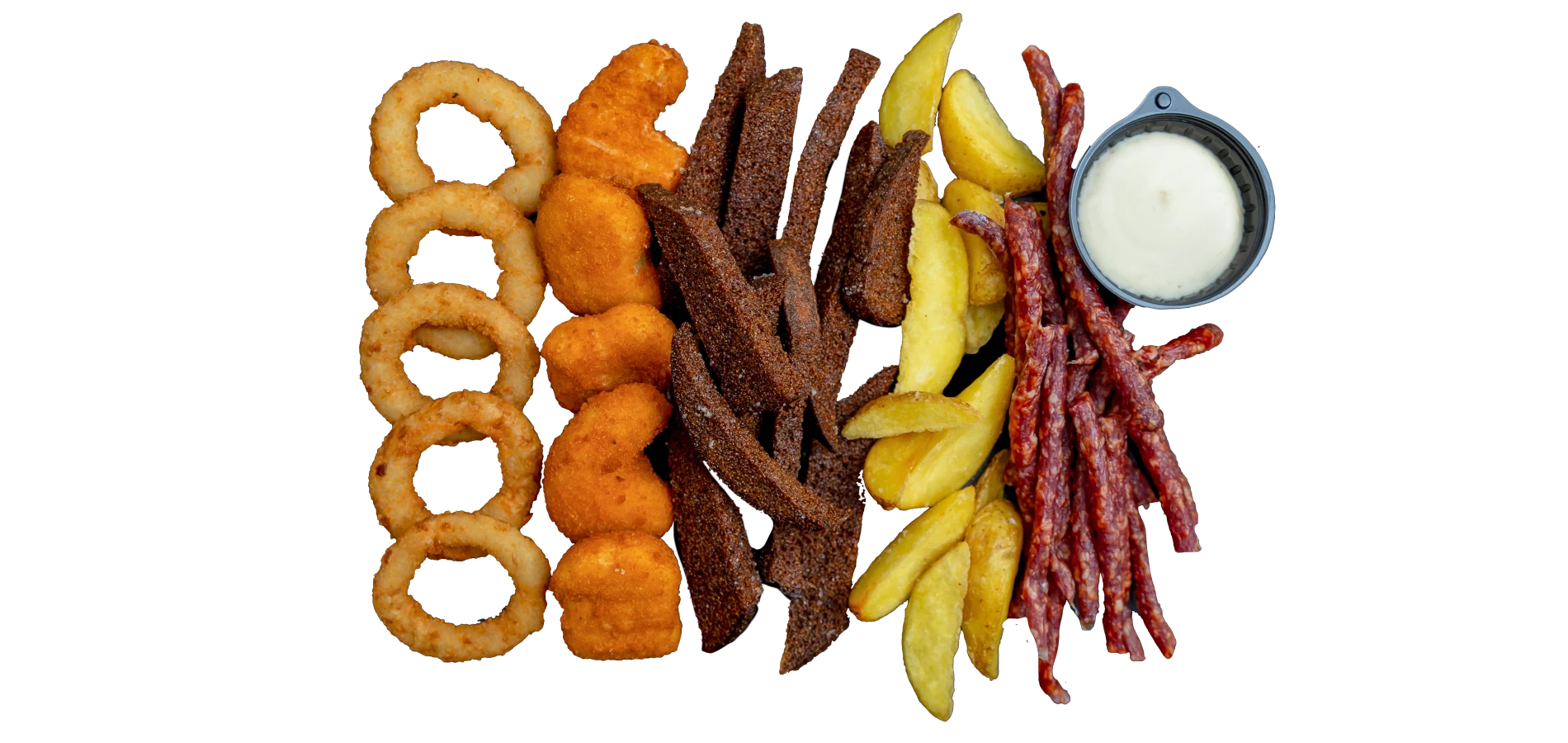 Пивна тарілка – набір закусок з цибулевими кільцями, нагетсами, картоплею по-селянськи, житніми сухариками, ковбасками та соусами, подача в Roof Bar