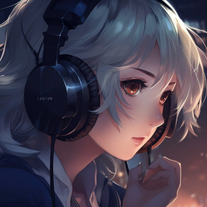 Молодая девушка с белыми волосами в больших наушниках, которая внимательно слушает, на фоне вечернего освещения.